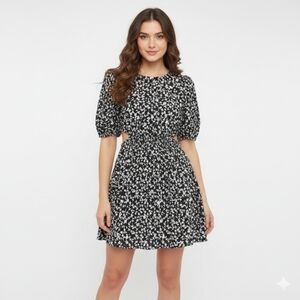 Old Navy Casual Dress Women's M Black Floral Mini Cotton Poplin Puff Sleeve